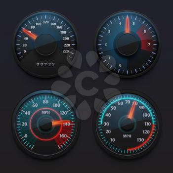 Futuristic car speedometers, speed indicators with pointer for vehicle dashboard isolated vector set. Illustration of speedometer on dashboard, speed measurement pointer