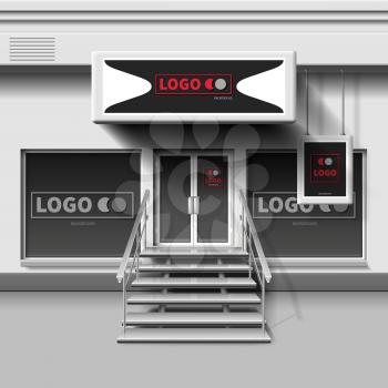 Shop exterior vector template. 3d storefront with entrance door. Illustration of storefront store and shop facade exterior