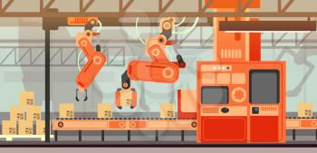 Abstract marketing vector concept with manufacturing assembly production line conveyor belt. Industrial production line process, management and automation assembly illustration