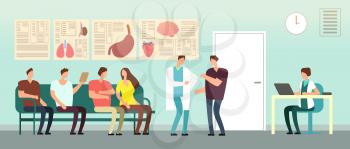 Patients and doctor in hospital waiting room. Disabled people at doctors office. Healthcare vector concept. Hospital and patient with doctor, interior medical clinic illustration