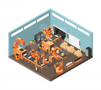 Isometric factory workshop with conveyor line, workers, electronics and controling computre servers. Vector illustration. Production factory conveyor line, industrial assembly, mechanical process