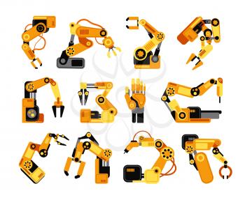 Factory robot arms manufacturing industrial equipment vector set. Illustration of robot arm equipment for factory industry