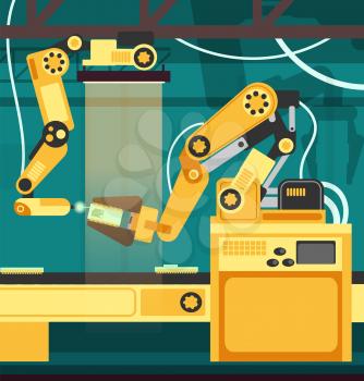 Manufacturing auto assembly line with robotic arms. Technology and engineering vector concept. Vector production industry, manufacturing equipment illustration