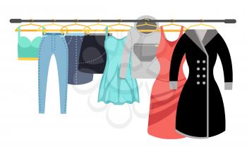Female clothing wardrobe. Ladies colorful casual clothes hanging on rack vector illustration. Wardrobe lady with dress and clothing
