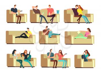 People watching tv, resting with phone, snacking on couch. Characters on holiday vector set. Couple man and woman on couch with tv illustration