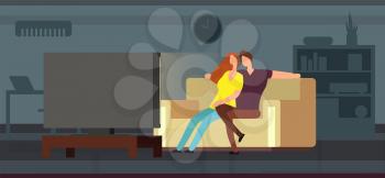 Young couple watching tv on sofa in modern living room vector illustration. Couple watch tv on sofa sitting at home