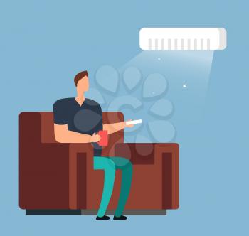 Man on sofa under air conditioning. Room climate control vector concept. Air conditioner and conditioning climate room, cold and fresh control illustration