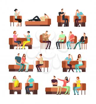 Patients and psychologist. Psychotherapy support. Stressed people meeting psychiatrist vector set. Therapy and session psychology illustration
