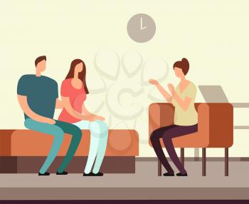 Patient on couch counseling with psychologist. Addiction mental therapy vector concept. Psychotherapy and psychiatry, problem patient illustration