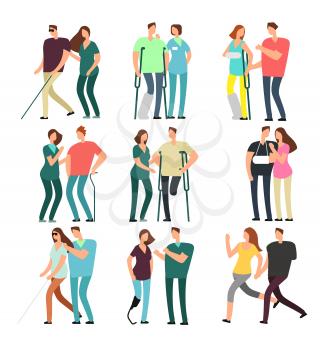 Disabled people with caring friends. Handicapped persons and medical assistants. Character disability patient walking, assistance and care friend. Vector illustration