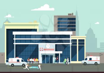 Accident and emergency hospital exterior with doctors and patients. Medical vector concept. Clinic building and hospital medical illustration