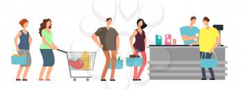 Big queue shopping people at cash desk with cashier in supermarket cartoon vector illustration. Queue to cashier in grocery, customer with purchase in supermarket