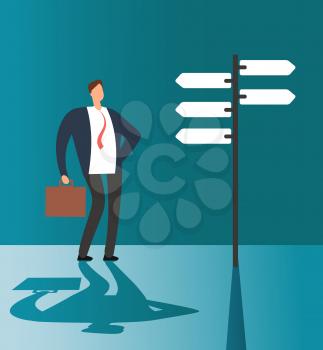Confused businessman thinking and making choice at road sign. Business opportunity and future solution vector concept. Illustration of businessman direction road choose and decision