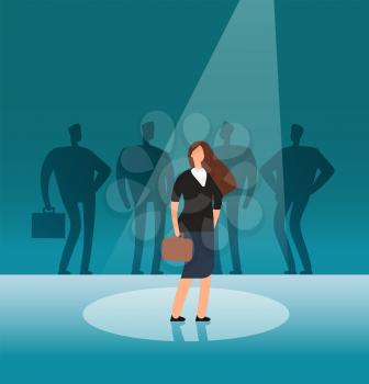 Talented businesswoman standing in searchlight. Recruitment, hiring, career and job opportunities vector concept. Illustration of candidate talented in searchlight, leadership in spotlight
