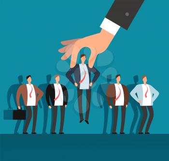 Employer hand choosing man from selected group of people. Recruitment vector business concept. Human recruitment, select and choice illustration