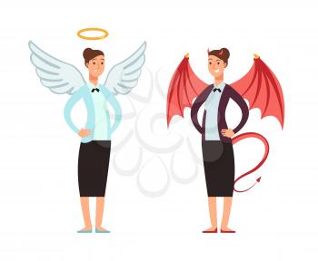 Businesswoman in angel and devil suit. Good and bad woman vector cartoon character. illustration of angel and devil, businesswoman evil demon and angel