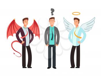 Confused businessman with angel and devil over shoulders. Choose vector concept. Businessman choice devil or angel illustration