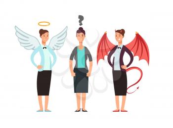 Confused woman with angel and devil over shoulders. Business ethics vector concept. Angel and demon, woman, choice illustration