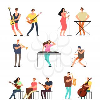 People performing music. Musicians with musical instruments. Vector cartoon characters isolated. Illustration of musician performance and music concert with guitar instrument