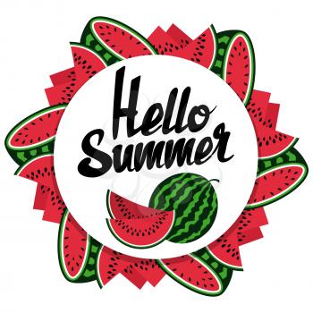 Hello summer watermelon round banner design isolated on white. Vector illustration