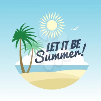 Summer vacation logo design - rest background with palms and summer sign. Tropical holiday, palm tree and sun. Vector illustration