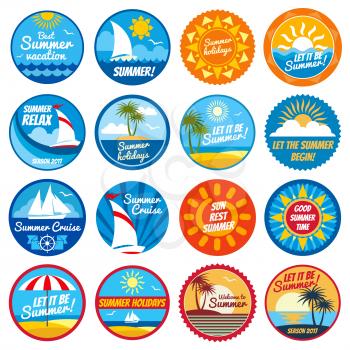 Vintage summer labels. Tropical holiday vector logos with typography - emblems with sun and sea. Illustration of travel and summer, sea beach badge