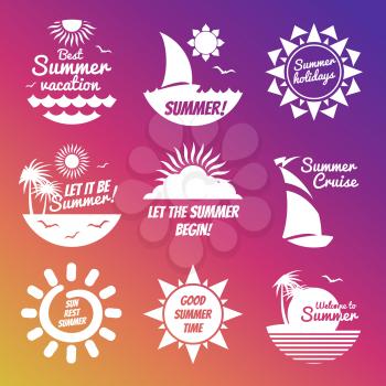 White summer rest labels with sun and sea on colorful background. Vector illustration
