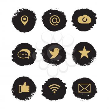 Social media and network grunge icons with black spot. Vector illustration
