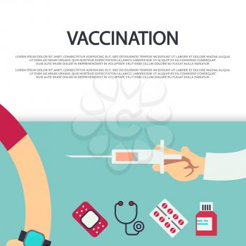 Vaccination concept banner poster template with syringe and medical icons. Vector illustration