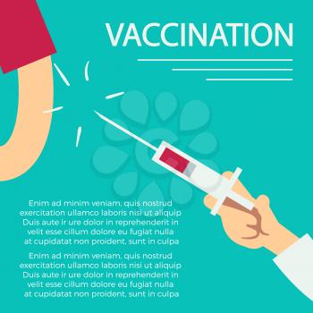 Vaccination concept banner poster with syringe and human arm. Vector illustration