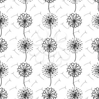 Monochrome dandelion flowers and seeds seamless pattern background. Vector illustration