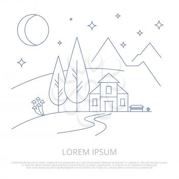 Summer mountains camp line background - forest landscape and house outline vector illustration