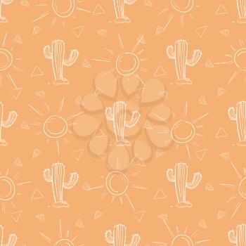 Chalk hand drawn cactus and sun seamless pattern. Vector illustration