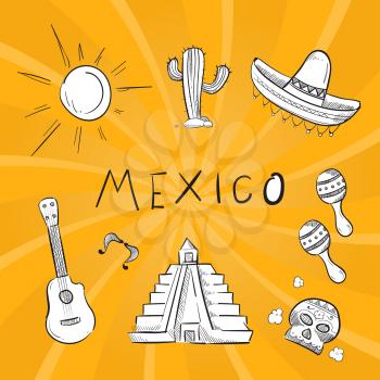 Hand drawn mexico symbol stickers of set. Vector guitar and cactus illustration