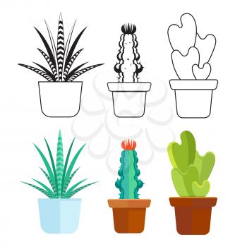 Popular succulents line and cartoon set - home plants cactus icons. Vector illustration