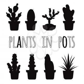 Vector home plants cactus in pots black silhouettes of set illustration