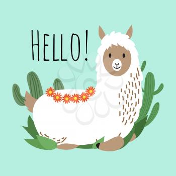 Cartoon lama animal vector design - hello card with cute alpaca and green cactus illustration