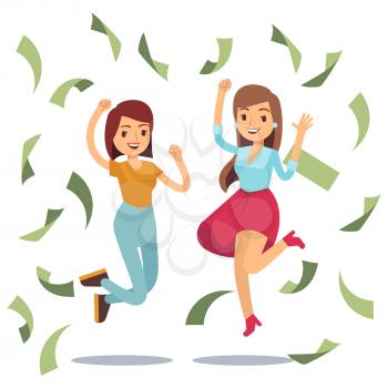 Happy successful housewifes in money rain. Happy jumping women and money. Falling money banknote, vector money cash illustration