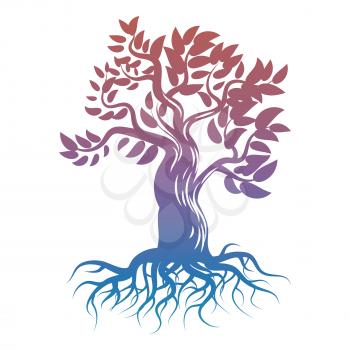Magic bright tree with roots. Tree silhouette isolated on white background. Vector illustration