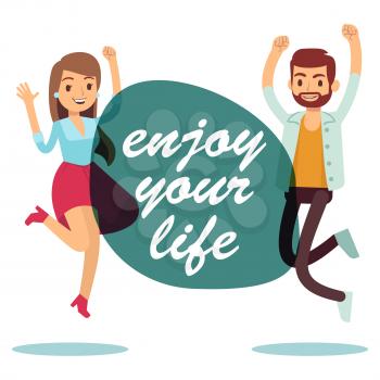 Happy jumping couple. Enjoy your life poster with girl and boy. Vector illustration