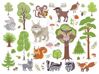 Big set of wild forest animals birds and trees. Cartoon forest isolated on white background. Wild forest animal, bird and tree, funny lynx amd rodent. Vector illustration