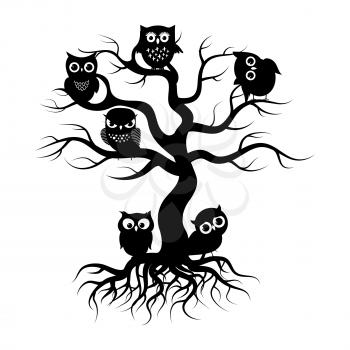 Black owls on old tree. Tree silhouette with roots and forest birds. Vector illustration