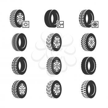 Car tires, wheel disk auto service vector icons isolated on white. Vector illustration