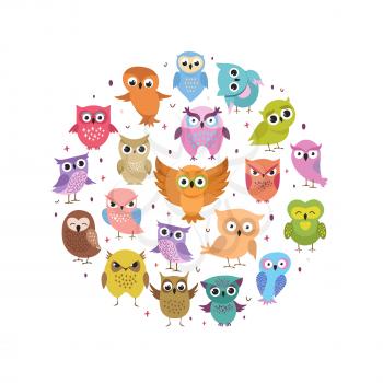 Cute owls round banner. Cartoon funny forest birds set. Colored owl forest cartoon collection. Vector illustration