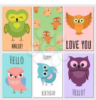 Kids cards with cute cartoon owl. Vector owl character on card birthday illustration