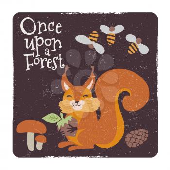 Once upon a forest vintage card design. Cute squirrel with nut and mushrooms and bee. Vector illustration