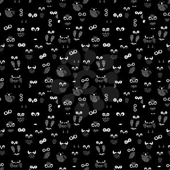 Owl eyes and wings seamless pattern. Cartoon own from night texture. Vector illustration
