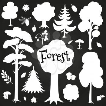 White forest elements white on chalkboard. Tree, bushes, branches elements. Vector illustration
