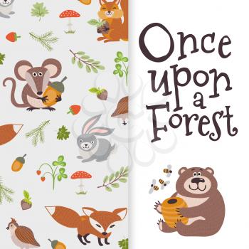 Wild cartoon colored animals banner. Cute bear, fox, mouse, rabbit and forest elements for poster. Vector illustration