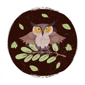 Wild cartoon owl on branch grunge card or emblem or logo. Vector owl on branch llustration isolated on white